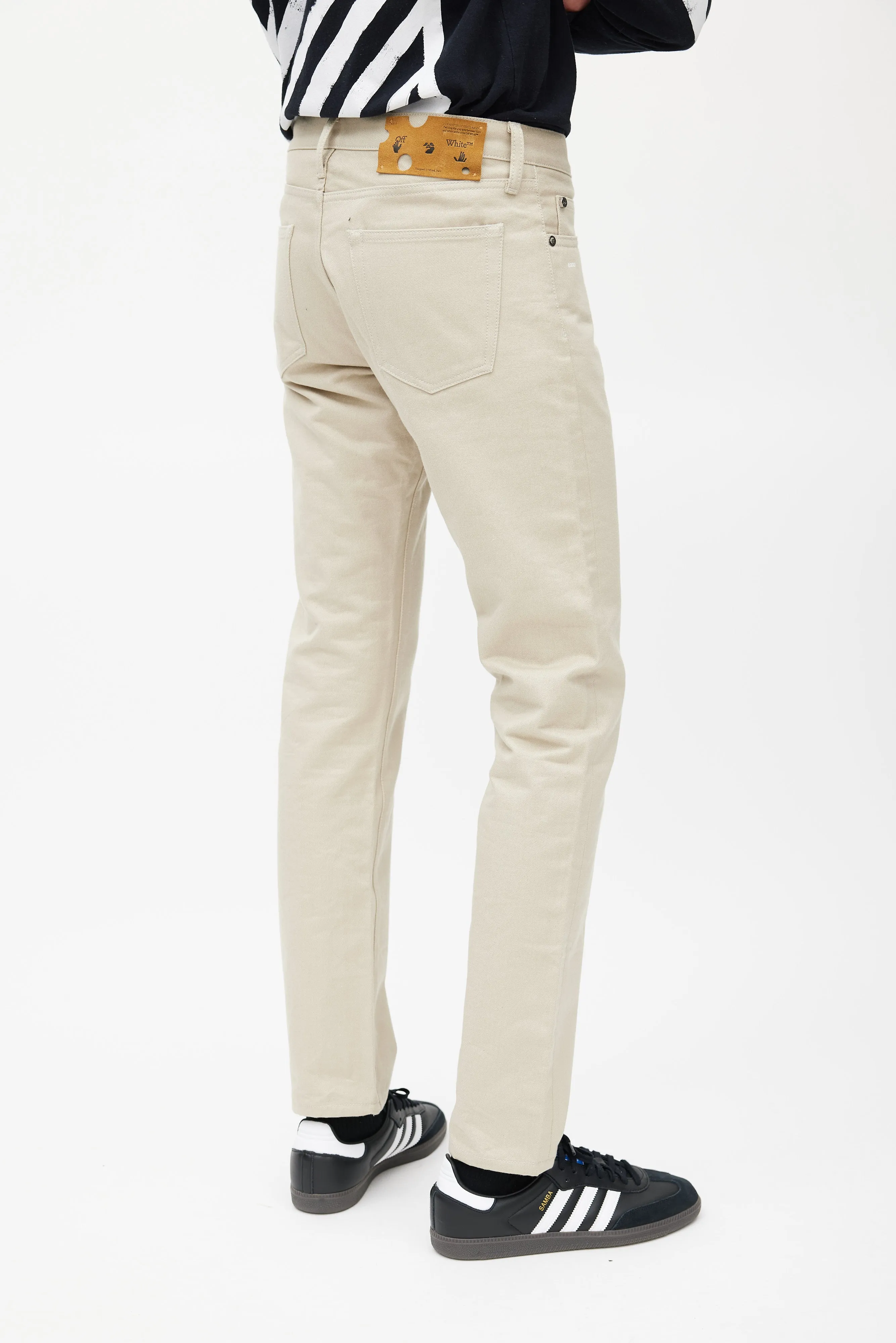 Beige & White Slim Logo Jeans