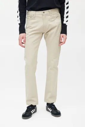 Beige & White Slim Logo Jeans