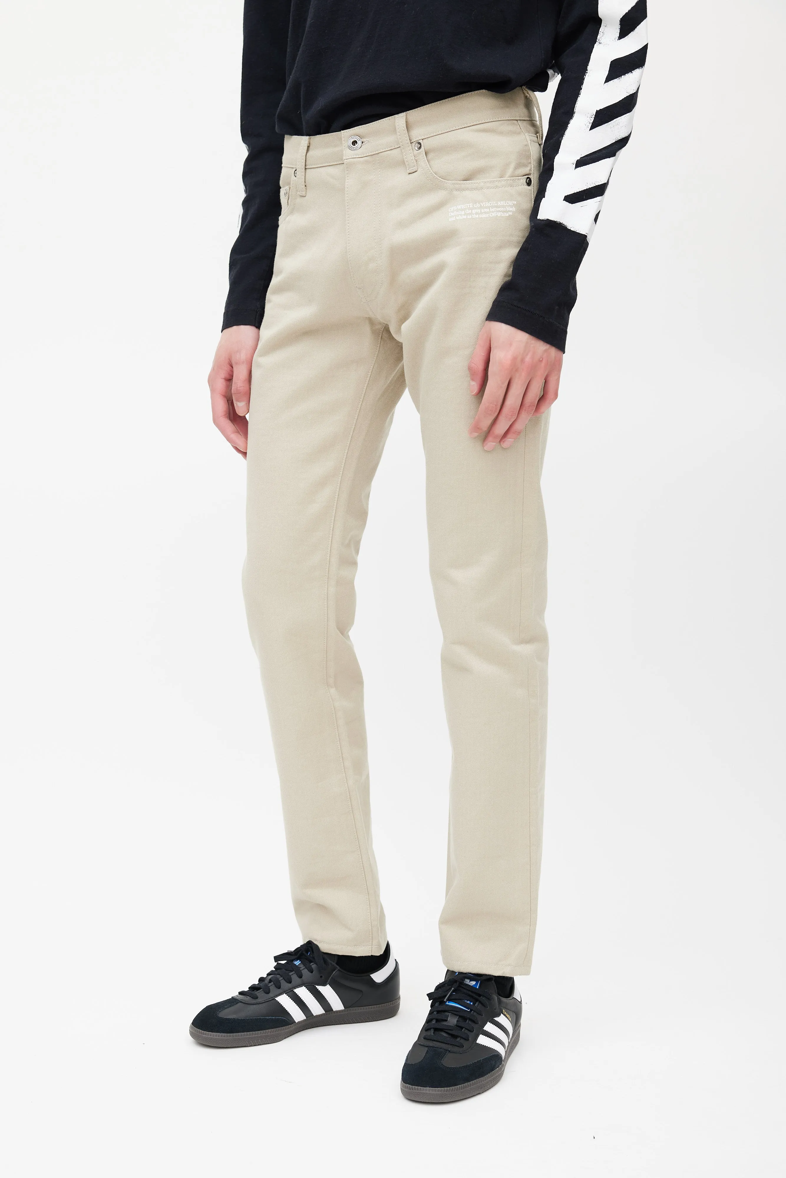 Beige & White Slim Logo Jeans