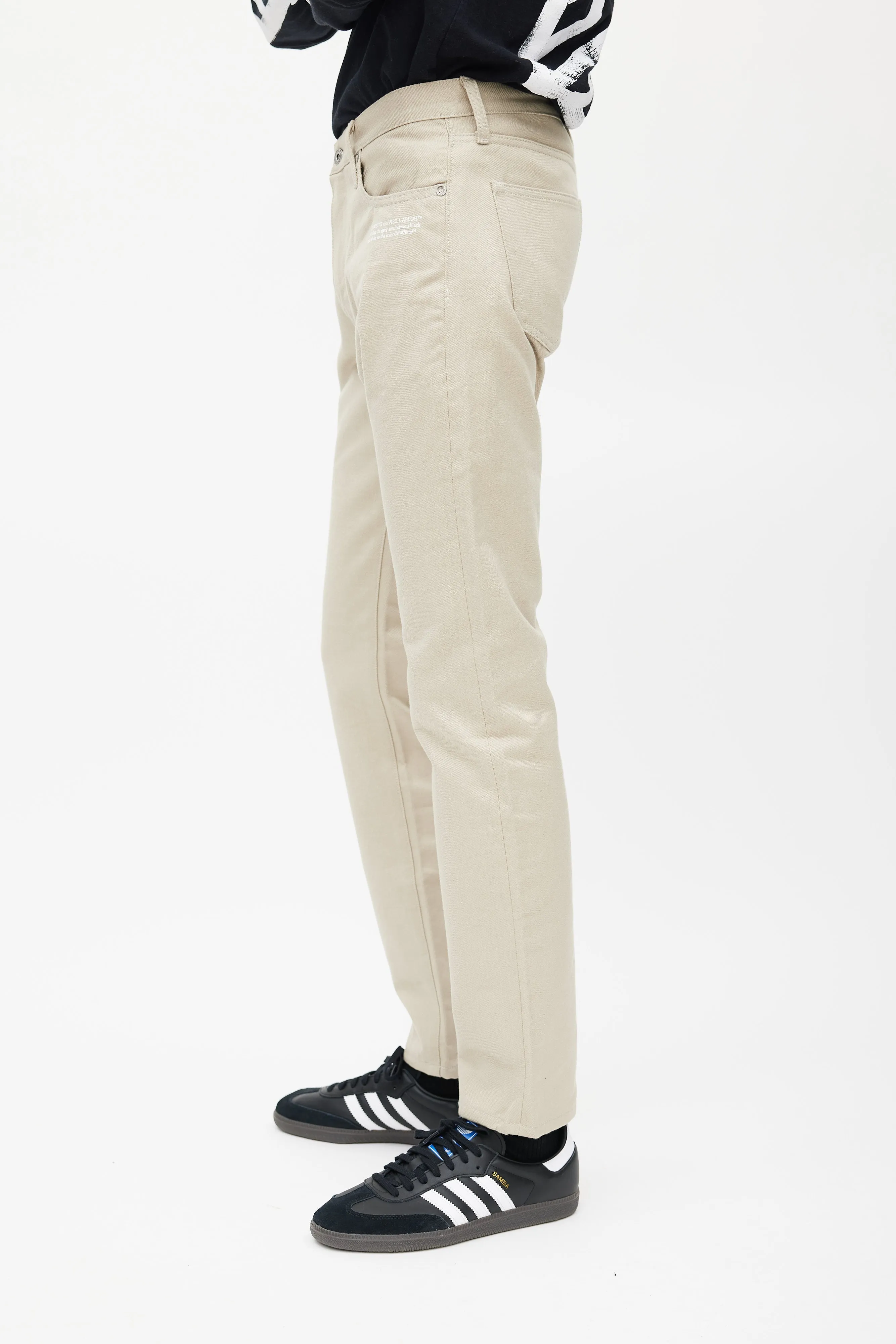 Beige & White Slim Logo Jeans