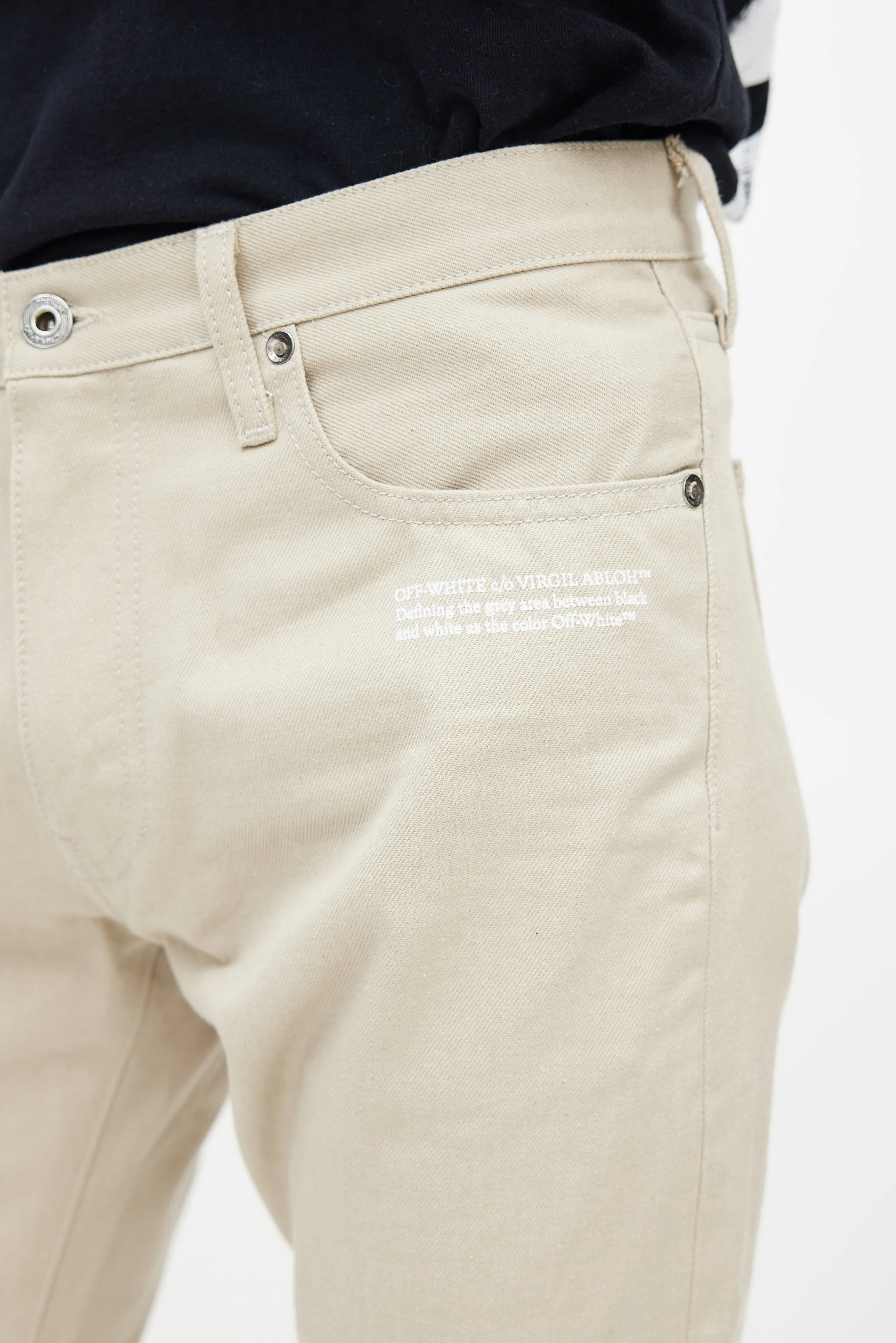 Beige & White Slim Logo Jeans