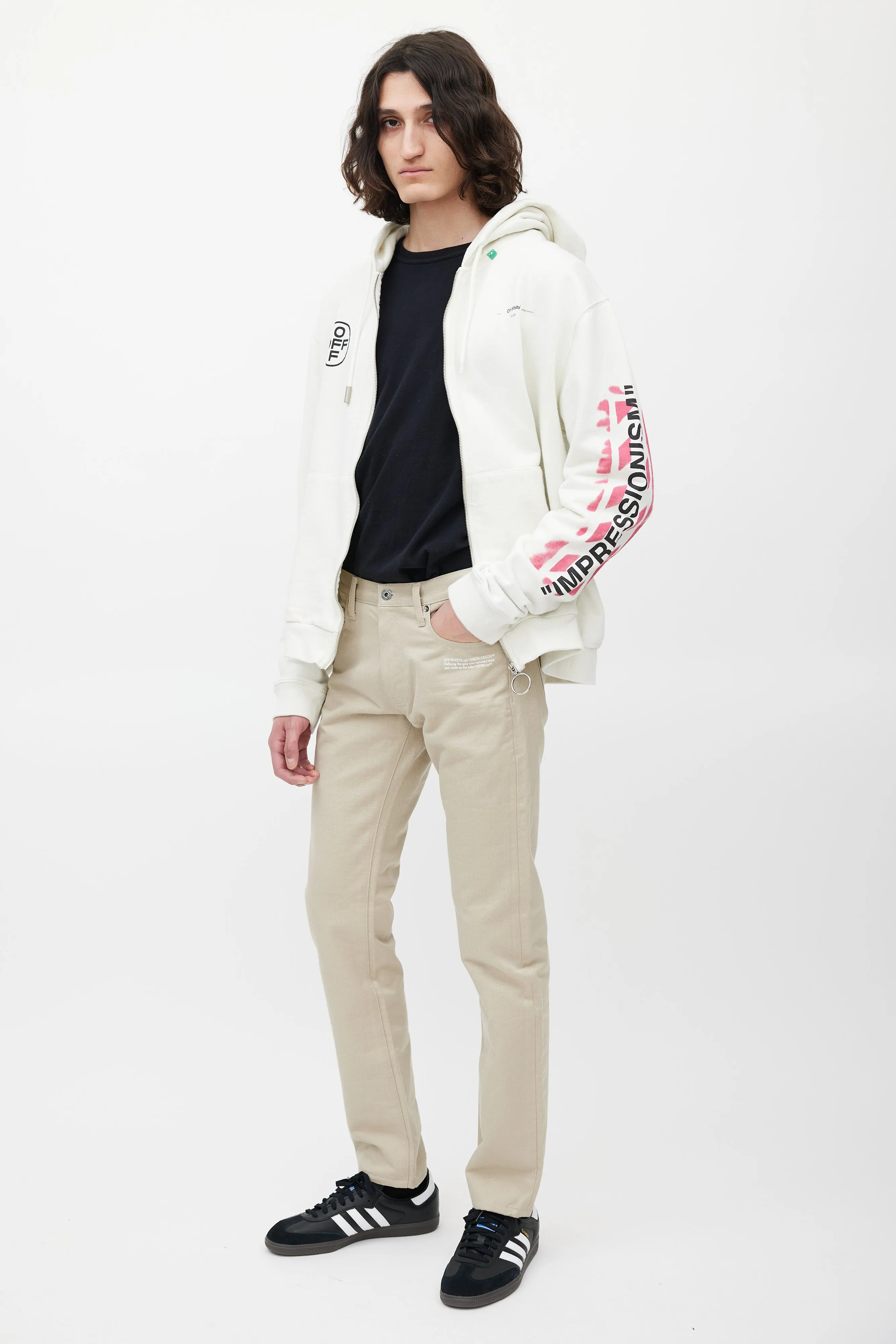 Beige & White Slim Logo Jeans