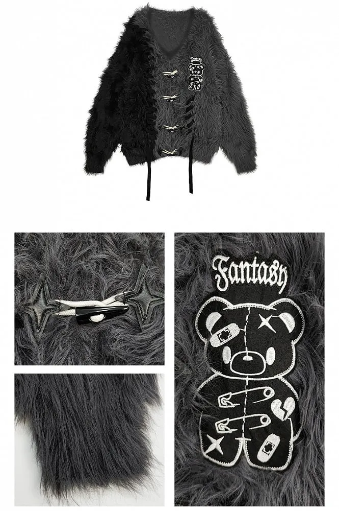 Black and Grey Colorblock Punk Bear Apllique Loose Cardigan