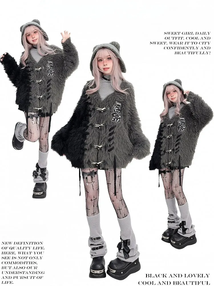 Black and Grey Colorblock Punk Bear Apllique Loose Cardigan