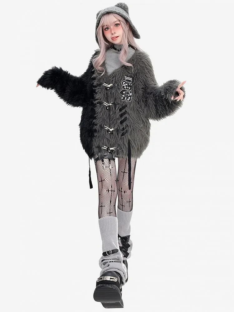 Black and Grey Colorblock Punk Bear Apllique Loose Cardigan