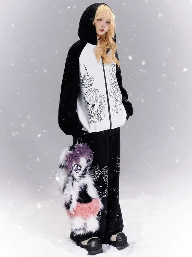 Black and White Manga Girls Print Colorblock Zip Hoodie