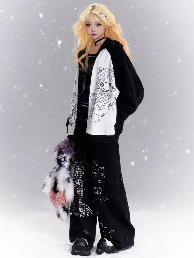Black and White Manga Girls Print Colorblock Zip Hoodie