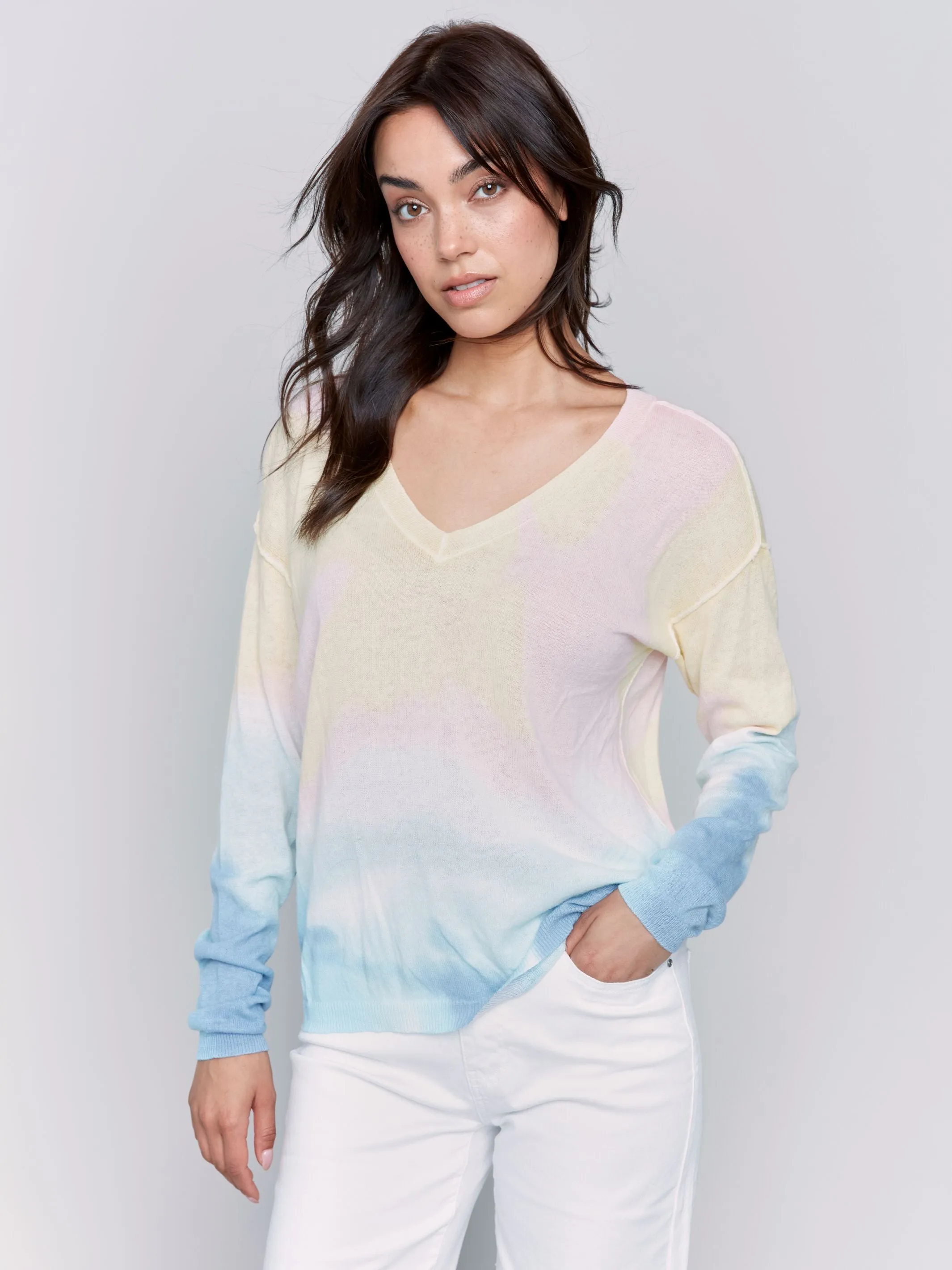Charlie B V-Neck Sweater with Long Sleeves  C2802-241C  Tie Dye