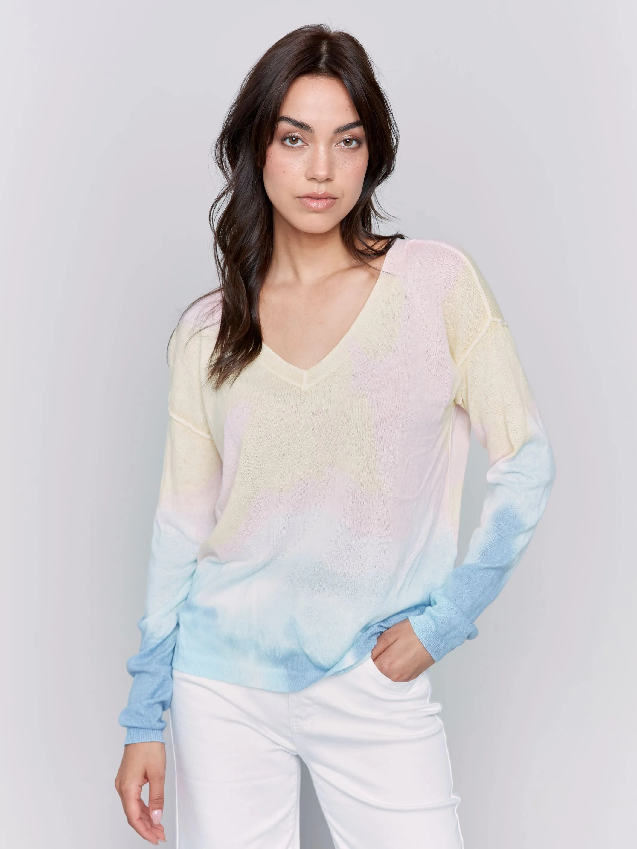 Charlie B V-Neck Sweater with Long Sleeves  C2802-241C  Tie Dye