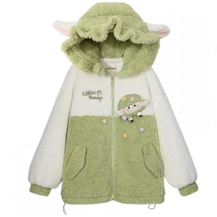 Cute Lamb Applique White and Green Colorblock Design Fleece Zip Hoodie