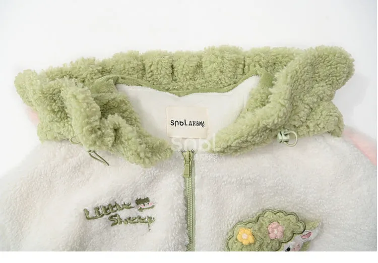 Cute Lamb Applique White and Green Colorblock Design Fleece Zip Hoodie