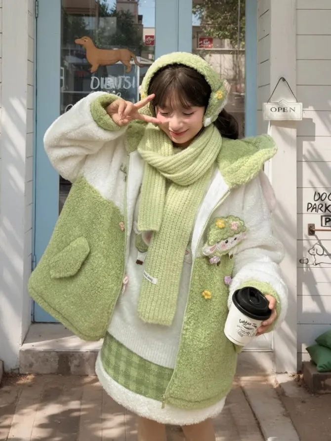 Cute Lamb Applique White and Green Colorblock Design Fleece Zip Hoodie