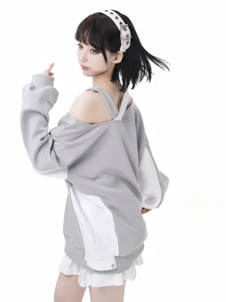 Design Colorblock Gray White Asymmetrical Neckline Cutout Shoulder Spring Sweatshirt