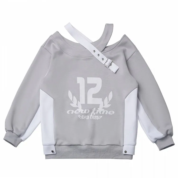 Design Colorblock Gray White Asymmetrical Neckline Cutout Shoulder Spring Sweatshirt