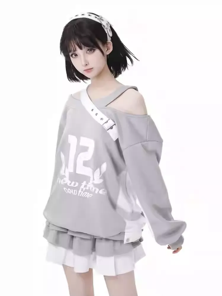 Design Colorblock Gray White Asymmetrical Neckline Cutout Shoulder Spring Sweatshirt