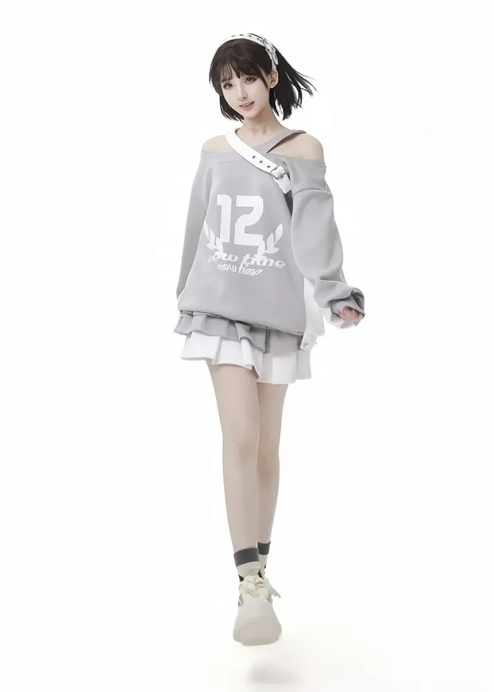 Design Colorblock Gray White Asymmetrical Neckline Cutout Shoulder Spring Sweatshirt