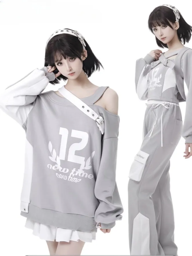Design Colorblock Gray White Asymmetrical Neckline Cutout Shoulder Spring Sweatshirt
