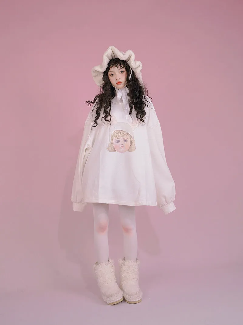 Girl Doll Print White Long Sleeve Loose Sweatshirt