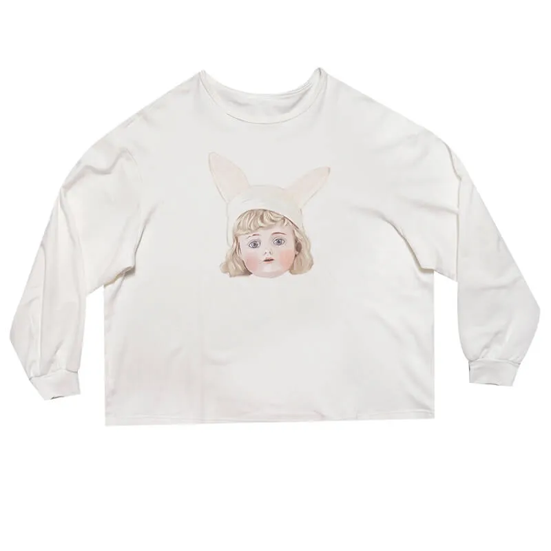 Girl Doll Print White Long Sleeve Loose Sweatshirt