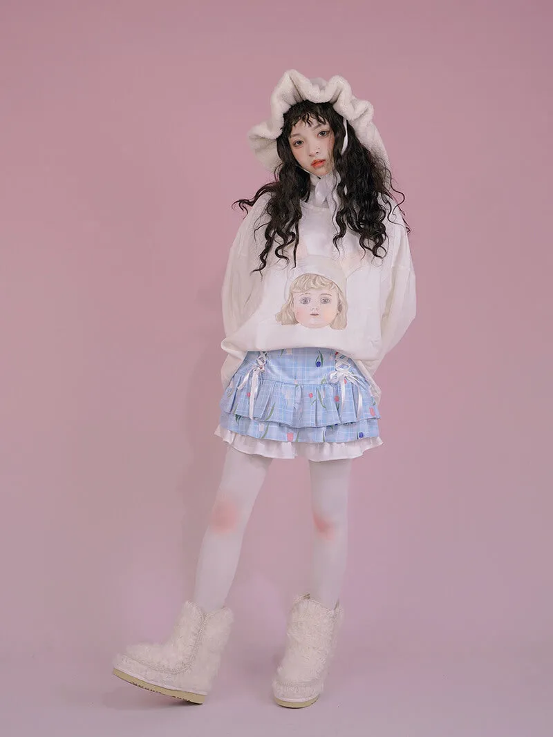 Girl Doll Print White Long Sleeve Loose Sweatshirt