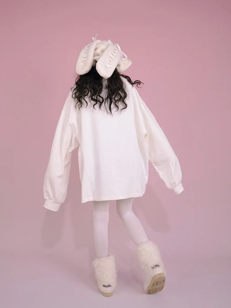 Girl Doll Print White Long Sleeve Loose Sweatshirt