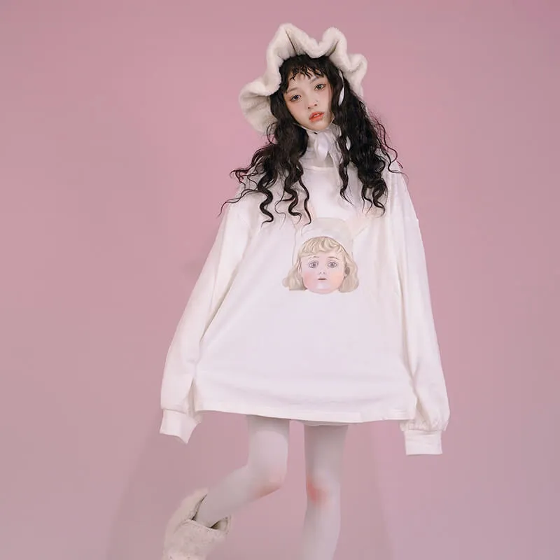 Girl Doll Print White Long Sleeve Loose Sweatshirt