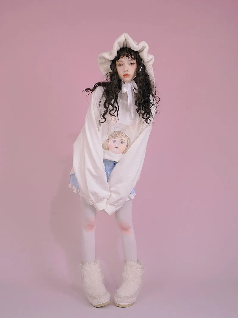 Girl Doll Print White Long Sleeve Loose Sweatshirt