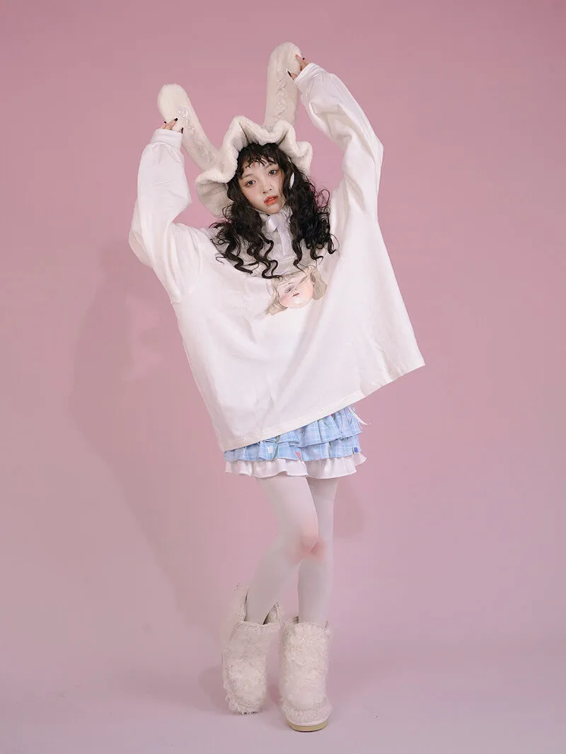Girl Doll Print White Long Sleeve Loose Sweatshirt