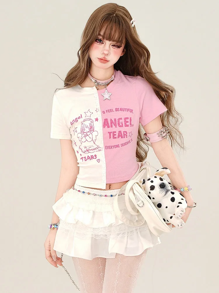 Pink/Grey Angel Girl Colorblock Crop Top