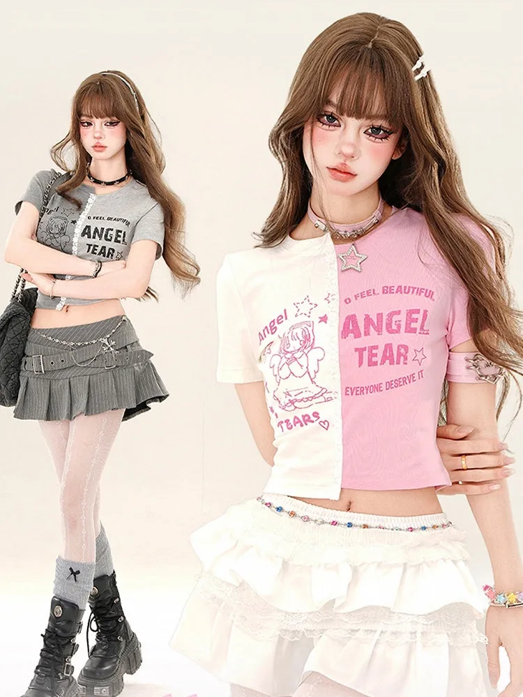 Pink/Grey Angel Girl Colorblock Crop Top