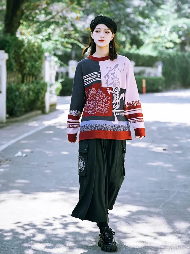 Round Style China Color Neck Knit Loose Contrast New Block