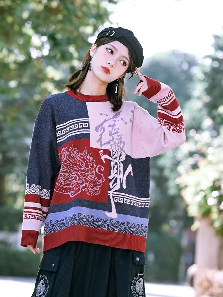 Round Style China Color Neck Knit Loose Contrast New Block