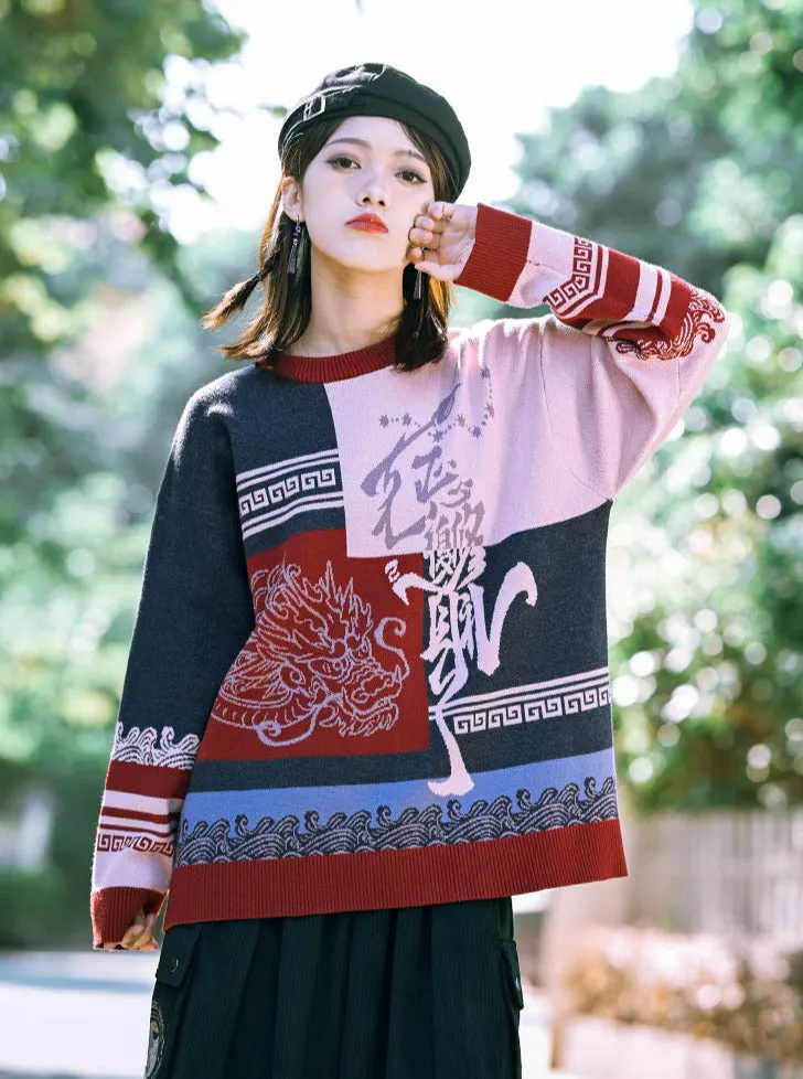 Round Style China Color Neck Knit Loose Contrast New Block