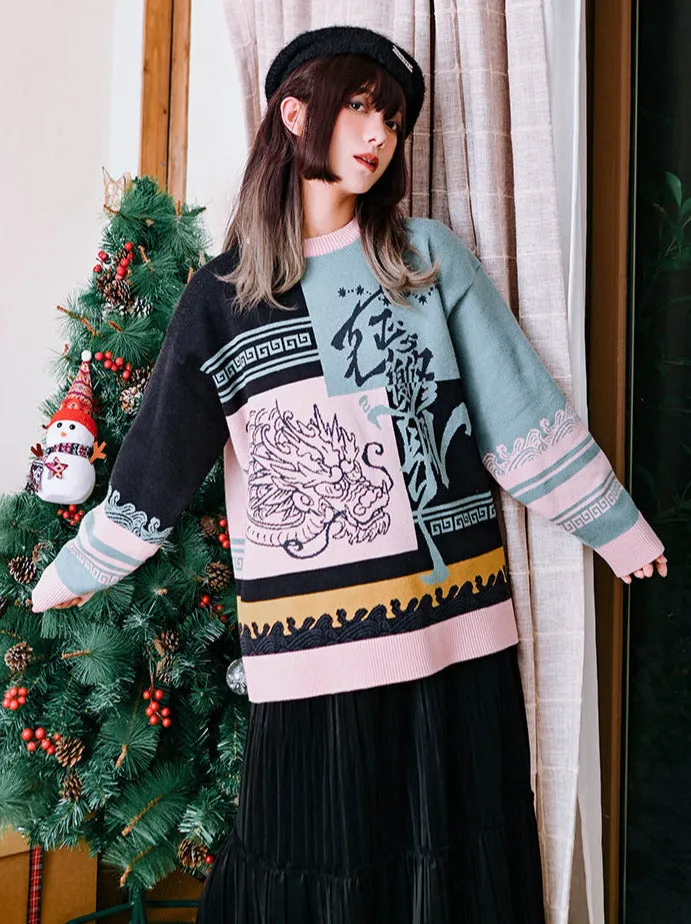 Round Style China Color Neck Knit Loose Contrast New Block
