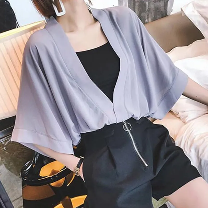 Vintage Chiffon Deep V-Neck Blouse