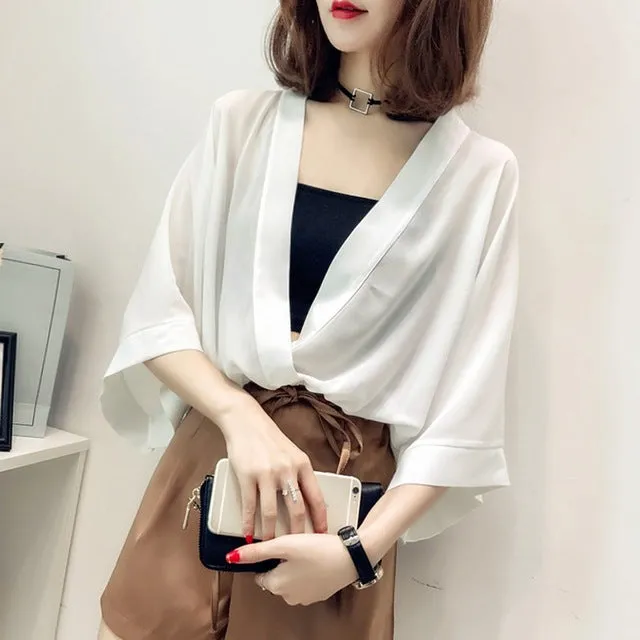 Vintage Chiffon Deep V-Neck Blouse