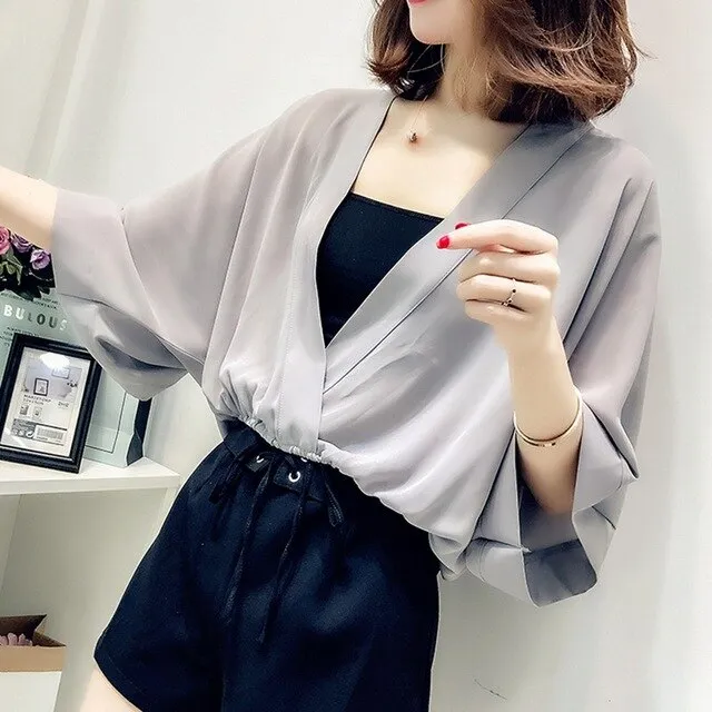 Vintage Chiffon Deep V-Neck Blouse